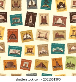 Vector seamless pattern with colored postage stamps with landmarks from various countries. A repeating retro-style background on the theme of travel. Suitable for wallpaper, wrapping paper, fabric
