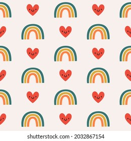 Vector seamless pattern with colored rainbow and smiling heart. Vintage geometric repeated texture with cute cartoon elements. Seamless print for fabric and wrapping paper. Bright rainbow background.