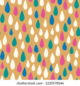 Vector seamless pattern with colored raindrops. Bright repeated texture with simple shapes.
