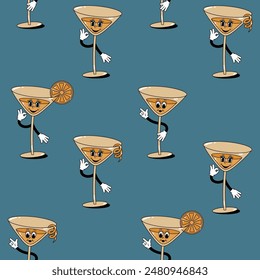 Vector seamless pattern of colored retro mascot characters walking glasses with cocktail with zest and citrus slice on a blue background