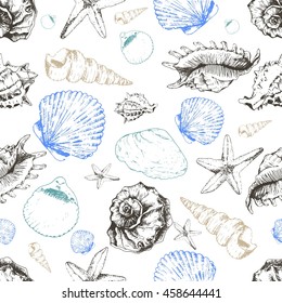 Vector seamless pattern of colored seashells. Hand drawn engraved vintage illustration. Good for wrapping paper, wallpaper, travel and fashion design. 