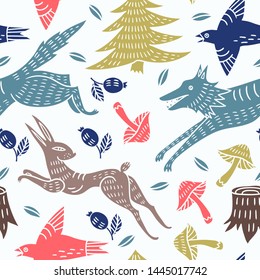 vector seamless pattern with colored silhouette animals , mushrooms and trees