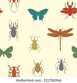 Vector seamless pattern with colored silhouettes of various insects. Repeating background with butterflies, beetles, dragonfly on a light backdrop. Childish wallpaper, wrapping paper or fabric design