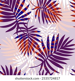 Vector seamless pattern with colored tropical leaves silhouettes on light background. Perfect for fashion apparel fabric, trendy package, bedding, wallpaper, accessories, outerwear, cloth textile.