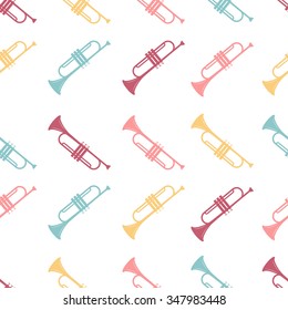 Vector seamless pattern of colored Trumpet on a white background.