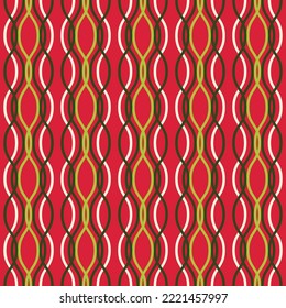 Vector seamless pattern. Colored vertical wavy lines intertwined on a red background. Illustration great for holiday background, Christmas, greeting card design, textiles, packaging, and wallpaper.
