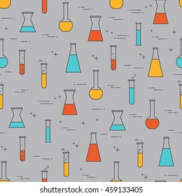 Vector seamless pattern with colorfl flasks. Flat icons, cartoon style