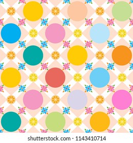 Vector seamless pattern. Colorful abstract background with spheres, flowers and lemons. For printing on Wallpaper, textiles and tiles