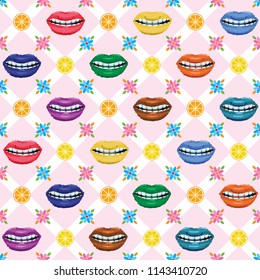 Vector seamless pattern. Colorful abstract background with lips, flowers and lemons. For printing on Wallpaper, textiles and tiles