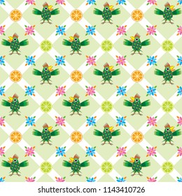 Vector seamless pattern. Colorful abstract background with parrots, flowers and lemons. For printing on Wallpaper, textiles and tiles