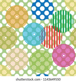 Vector seamless pattern. Colorful Abstract background with round polka dots mix in stripe. For the press on wall-paper and a tile