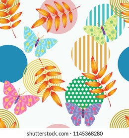 Vector seamless pattern. Colorful abstract background with leaves, butterflies and geometric shapes. To print on Wallpaper and tile