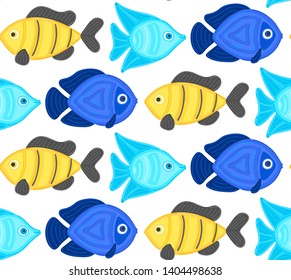 Vector seamless pattern with colorful abstract fish. Undersea world. Aquarium. Wrapping paper, package, wallpaper, poster, clothing and other textile in a pet store, fishing gear shop or aquapark