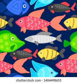 Vector seamless pattern with colorful abstract fish. Undersea world. Aquarium. Wrapping paper, package, wallpaper, poster, clothing and other textile in a pet store, fishing gear shop or aquapark