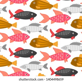 Vector seamless pattern with colorful abstract fish. Undersea world. Aquarium. Wrapping paper, package, wallpaper, poster, clothing and other textile in a pet store, fishing gear shop or aquapark