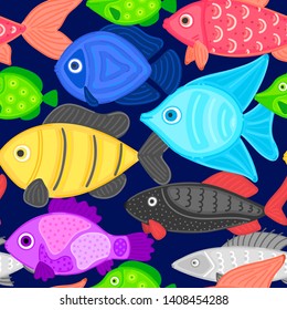 Vector seamless pattern with colorful abstract fish. Undersea world. Aquarium. Wrapping paper, package, wallpaper, poster, clothing and other textile in a pet store, fishing gear shop or aquapark