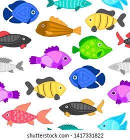 Vector seamless pattern with colorful abstract fish. Undersea world. Aquarium. Wrapping paper, package, wallpaper, poster, clothing and other textile in a pet store, fishing gear shop or aquapark