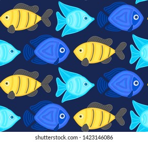 Vector seamless pattern with colorful abstract fish. Undersea world. Aquarium. Wrapping paper, package, wallpaper, poster, clothing and other textile in a pet store, fishing gear shop or aquapark