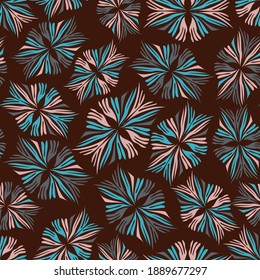 Vector seamless pattern colorful abstract design of lined flower silhouettes or fireworks in pastel tones on dark. The design is perfect for backgrounds, textiles, wrapping paper, wallpaper, decorations