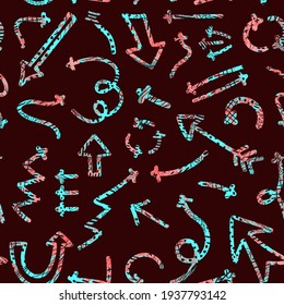 Vector seamless pattern with colorful abstract illustrations of hand drawn arrows and direction pointers. Can be used for wallpaper, surface texture, textile print, wrapping paper, design presentation