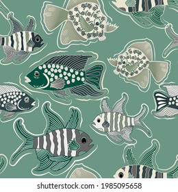 Vector seamless pattern with colorful abstract fish. Undersea world. Aquarium. Wrapping paper, package, wallpaper, poster, clothing and other textile in a pet store, fishing gear shop or aquapark.