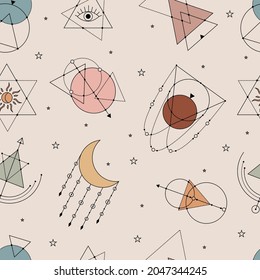 Vector seamless pattern with colorful alchemy and mystic signs eye, triangles, arrows, moons, stars, astrology symbols hand drawn in lines.