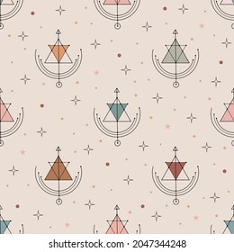 Vector seamless pattern with colorful alchemy and mystic signs eye, triangles, arrows, moons, stars, astrology symbols hand drawn in lines.