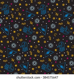 Vector seamless pattern with colorful alchemy and mystic signs eye, triangles, palms, moons, stars, astrology symbols hand drawn in lines. Bright modern ditsy print with geometric shapes in dark color