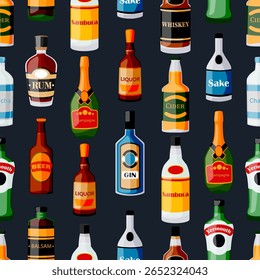 Vector seamless pattern with colorful alcohol drink bottles on black background. Concept for bar decor, fabric design, wrapping paper, fashion prints, party themed packaging