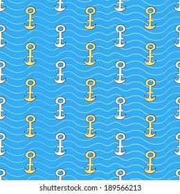 Vector seamless pattern with colorful anchors on blue ocean background in doodle style