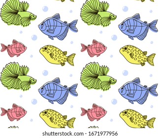 Vector seamless pattern of colorful aquarium fishes. Print for fabric, wallpaper, textiles, clothes, children's things, covers. Outline exotic fishes on white background.