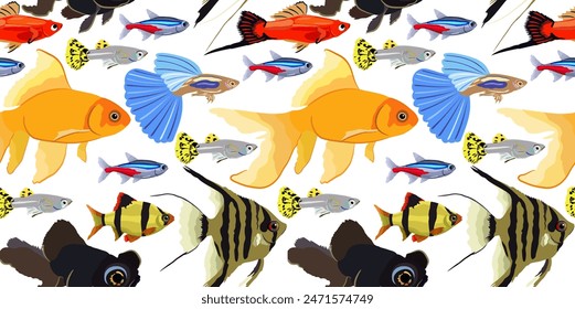 Vector seamless pattern with colorful aquarium fishes.