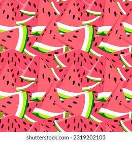 Vector seamless pattern of a colorful arrangement of juicy watermelon slices. A large group of watermelon slices