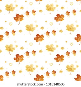 Vector seamless pattern with colorful autumn leaves and heart . Various red, orange and yellow leaves on light white background. Modern leaf texture