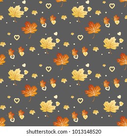 Vector seamless pattern with colorful autumn leaves and heart . Various red, orange and yellow leaves on light grey background. Modern leaf texture
