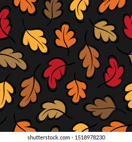 Vector seamless pattern with colorful autumn leaves on black background. Design for holidays decoration, wrapping paper, textile print, fabric, wallpaper, web design.