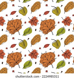 Patrón vectorial sin fisuras con hojas de otoño coloridas al estilo de doodle dibujado a mano.