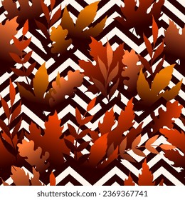 Vector seamless pattern with colorful autumn leaves and branches on geometric background. Botanical design template for print, fabric, invitation, brochure, card, wallpaper, cover