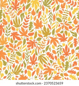 Patrón vectorial sin fisuras con hojas de otoño coloridas aisladas sobre fondo blanco. Ilustración del follaje otoñal para invitación, tarjeta de saludo, folleto, portada, papel de pared, volante