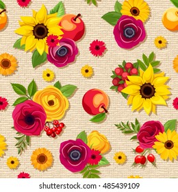Vector seamless pattern with colorful autumn flowers, apples and berries on a beige sacking background.