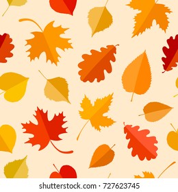 Vector seamless pattern with colorful autumn leaves. Autumn background