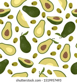 Vector seamless pattern with colorful avocado - half, slice, whole and sliced . Cartoon hand draw cute flat illustration on white background.