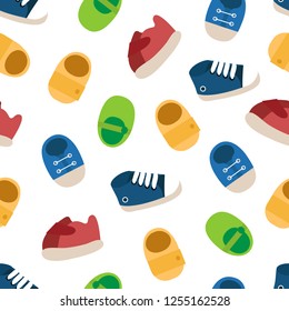 Vector seamless pattern of colorful baby shoes. Kids shoes seamless pattern. 