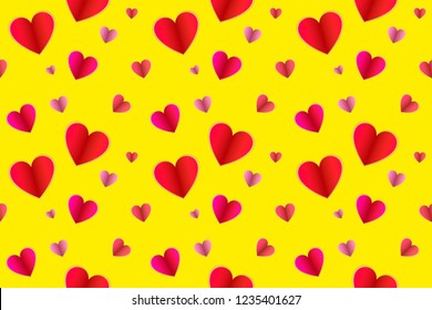 Vector Seamless Pattern, Colorful Background with Paper Folded Hearts, Love Symbols on Bright Yellow Backdrop, Wedding Backdrop.
