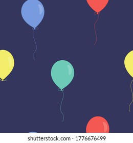 Vector seamless pattern with colorful balloons on violet background. For fabric, textile, linen, wallpaper, gift and wrapping paper, greeting card, children's holiday and party invitations, pajamas.