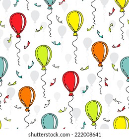 Vector seamless pattern with colorful balloons and confetti. Cartoon background for use in design, web site, packing, textile, fabric