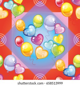 Vector seamless pattern with colorful balloons on red background