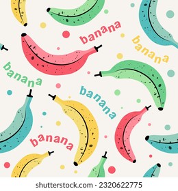 Vector seamless pattern with colorful bananas and words in a flat style. Ideal for prints, wrapping paper, wallpaper, fabric design.