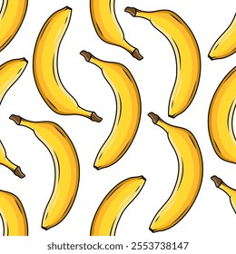 Vector seamless pattern with colorful bananas. Image of bananas isolated on a white background. Color print for packaging, boxes and wallpaper. Square seamless illustration with exotic fruits.