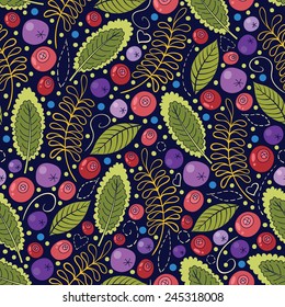 Vector seamless pattern with colorful berries, leaves and dots on purple background